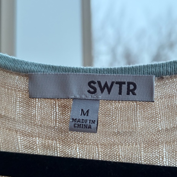 🆕 SWTR Ribbed Knit Long Cardigan Dress Beige Blue Trim Button Front Size M NWT - Picture 13 of 16